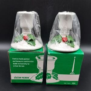 Pair of Vintage Lillian Vernon Christmas Candle Holder Holly Berries Earthenware